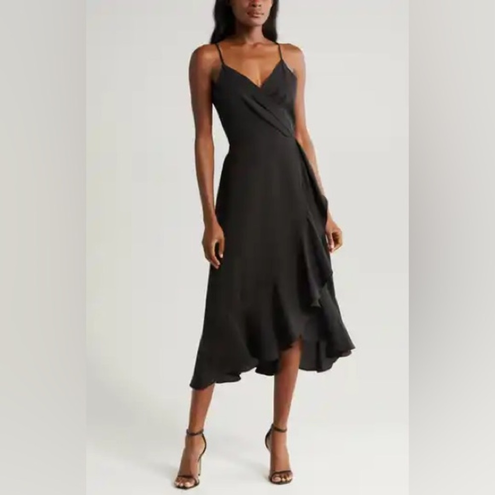 Chelsea 28 Faux Wrap Midi Cocktail Party Black Dress Women's XXL